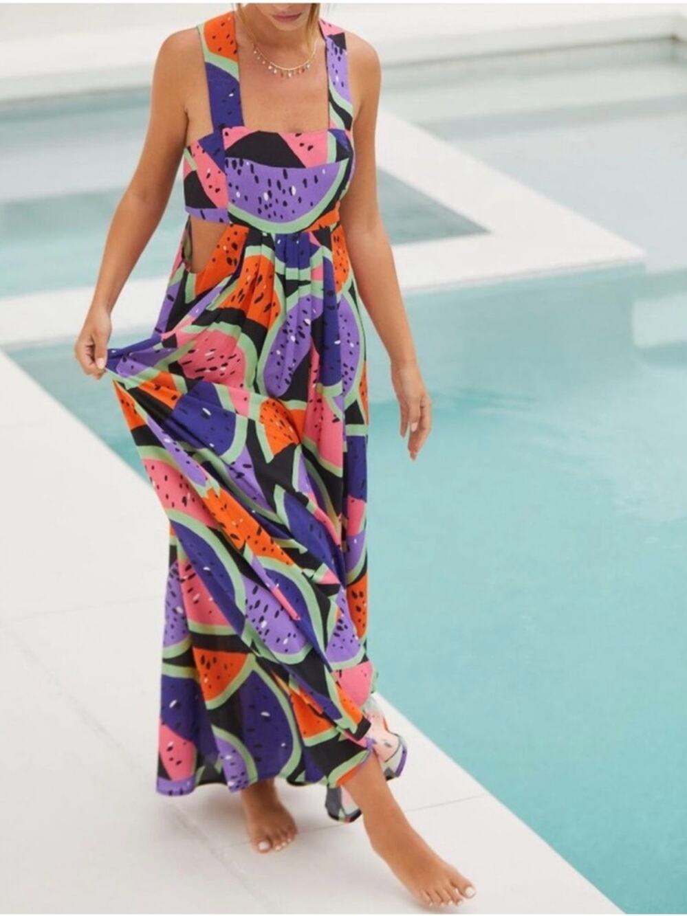 Anthropologie watermelon print cut out maxi dress sz XS